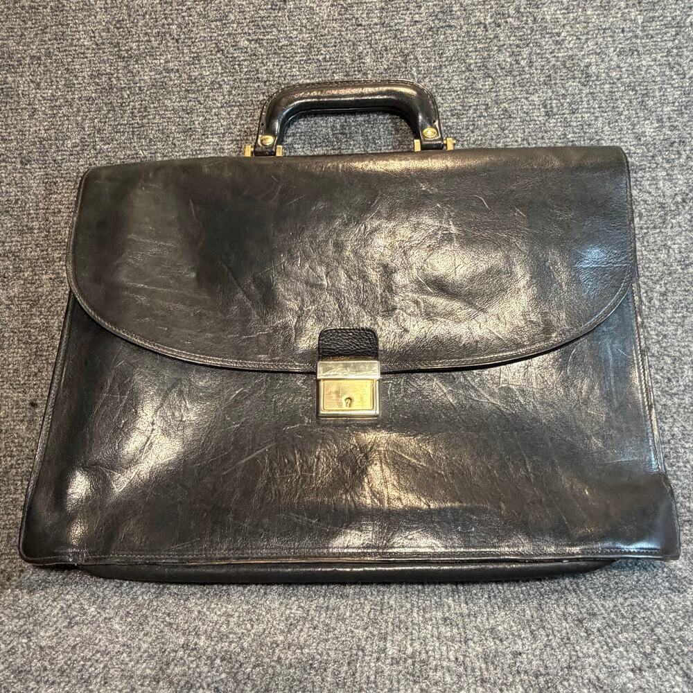 Vintage Black Leather Briefcase Attache Push Button Latch Business Bag